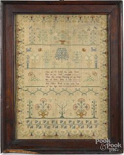 English silk on linen sampler, dated 1827, wrought by Ann Mills, 17'' x 12 1/2''.