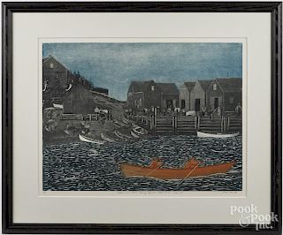 John Neville (Canadian, b. 1952), engraving, titled Andrew and Albert Rowing Against a Tidal Surge