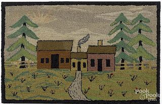 American hooked rug landscape, early/mid 20th c., with a house, 24'' x 38''.