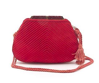 A Judith Leiber Red Satin Evening Bag, 6 1/2 x 5 3/4 x 3/4 inches.