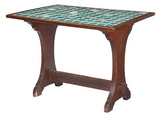 Arts and Crafts Turtle and Bee Tile Top Trestle Table