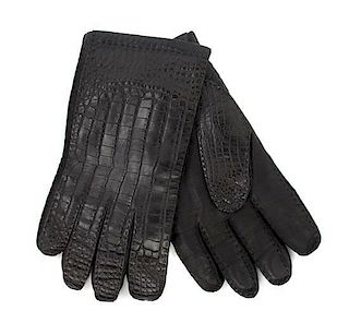 A Pair of Lambertson Truex Men's Brown Alligator and Leather Gloves, Size 9.
