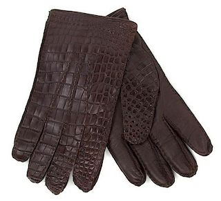 A Pair of Men's Brown Crocodile and Leather Gloves, Size 9.