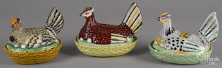 Three Staffordshire hen on nests, 19th/20th c., approx. 7'' h., 9'' w.