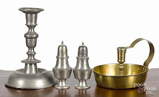 Woodbury pewter candlestick, 8 3/4'' h., together with a pair of shakers and a brass chamberstick.