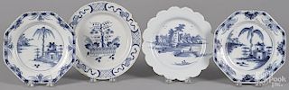 Four Delft blue and white plates, 18th c., approx. 8 1/2'' dia.