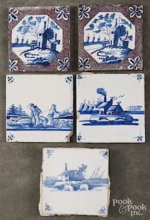 Five Delft tiles, 18th c.