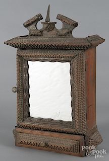 Painted tramp art hanging cabinet, ca. 1900, 25 1/2'' h., 12 1/2'' w.