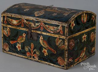 Continental painted dome lid box, 19th c., retaining its original bird and floral decoration