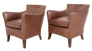Leather Upholstered Bronze Nailhead Club Chairs 2