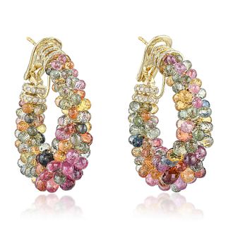 Multi-Colored Sapphire and Diamond Hoop Earrings
