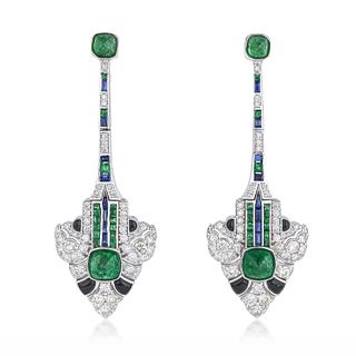 Art Deco Style Emerald Diamond Sapphire and Onyx Drop Earrings