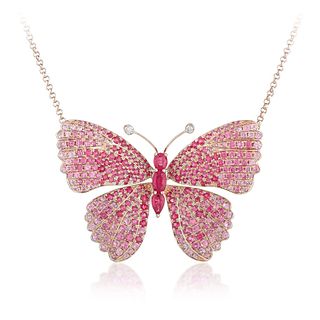 Ruby Pink Sapphire and Diamond Butterfly Necklace