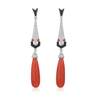 Coral Drop Onyx and Diamond Earrings
