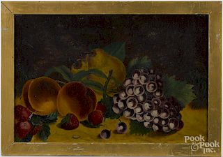 Primitive oil on canvas still life with fruit, ca. 1900, 10'' x 15''.