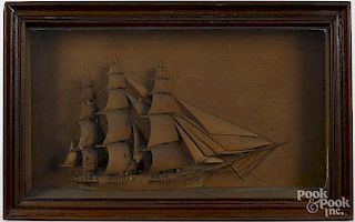 Carved pine ship diorama, late 19th c., 17 1/4'' x 27 3/4''.