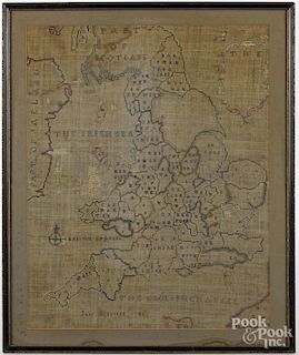 Silk on linen map of England, dated 1781, wrought by Jane Murtrie, 21'' x 16 3/4''.