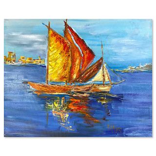 Elliot Fallas, "Happy Sailing" Original Oil Painting on Canvas, Hand Signed with Letter of Authenticity.