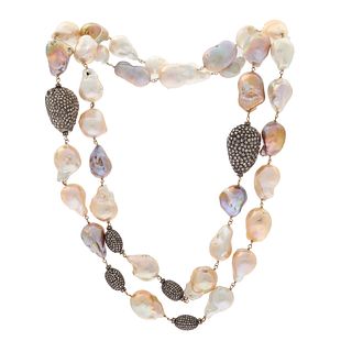 Baroque Freshwater Pearl, Diamond, Sterling Silver Necklace