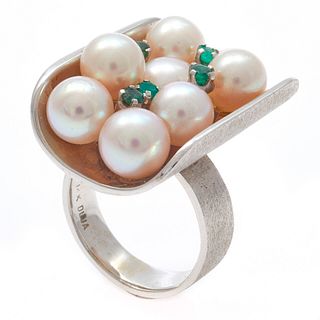 Modernist Emerald, Cultured Pearl, 14k White Gold Ring