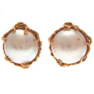 Pair of Mabe Pearl, 14k, Sterling Silver Ear Clips