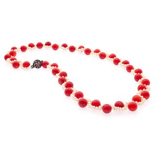 Coral, Freshwater Pearl, Silver Necklace