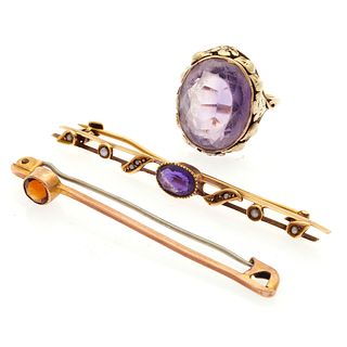 Collection of Antique Amethyst, Citrine, Yellow Gold Jewelry Items