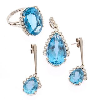 Blue Topaz, Diamond, 18k White Gold Jewelry Suite