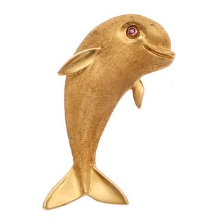 Pink Sapphire, 14k Yellow Gold Dolphin Pin