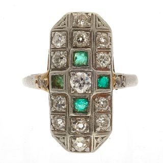 Art Deco Diamond, Emerald, Platinum Ring