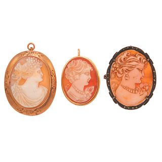 Group of Three Shell Gold, Silver, Cameo Pin Pendants