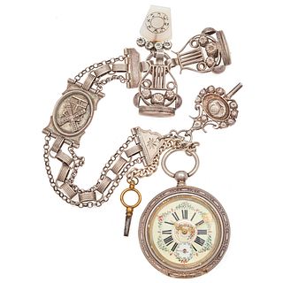 Silver Pocket Watch with Chain, Fobs and Keys