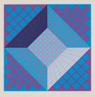 Victor Vasarely (1906-1997), Purple and blue geometric, Screenprint in colors on paper, Image: 24.5" H x 24.5" W; Sight: 27" H x 26.75" W