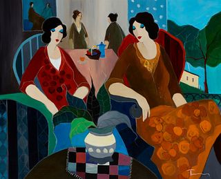 Itzchak Tarkay (1935-2012), "Comfortable Silence," 2005, Acrylic on canvas, 32" H x 39.5" W