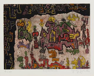 Ynez Johnston (1920-2019), "Equatorial," Etching and aquatint in colors on paper, Image: 9" H x 12" W; Sight: 10.5" H x 13" W