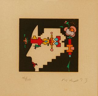 Peter Max (b. 1937), Female profile, 1973, Lithograph in colors on beige paper, Image: 3.75" H x 4" W