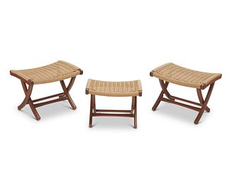 Three Hans Wegner-style wood and woven cord stools