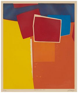 Bertrand Dorny (1931-2015), "Habitat Faa Sud," Etching in colors on paper, Image: 23.5" H x 19.5" W; Sight: 24.875" H x 20.625" W