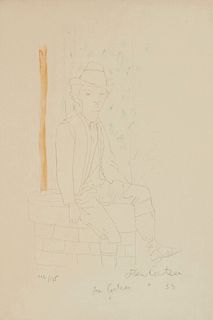 Jean Cocteau (1889-1963), "Jeune homme au puits," 1953, Lithograph with hand-coloring on paper, Sight: 21.75" H x 14.75" W