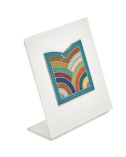 Frank Stella (b. 1936), Centennial plaque for the Metropolitan Museum of Art, 1970, Enamel on rhodium-plated bronze in acrylic stand, Plaque: 3" H x 3