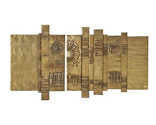 Lau Chun (b. 20th century), Diptych, 1973, Brass sheet metal, brass pipe, wood, and nails, 48.25" H x 89.5" W x 1.5" D