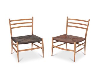 Two Italian Gio Ponti-style wood and rush chairs