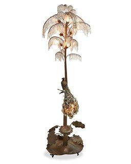 A French gilt-bronze and crystal palm tree floor lamp