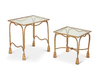 Two Hollywood Regency gilt bronze and glass nesting tables