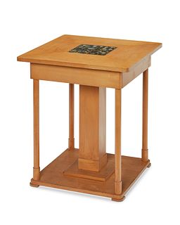A Guillerme et Chambron-style oak and ceramic tile end table