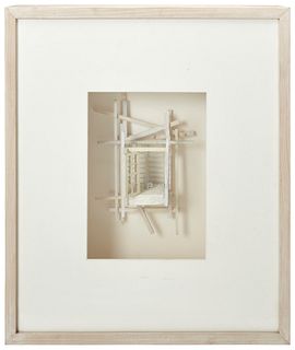 Cheryl Calleri (b. 1946), "Waiting for What," 1989, 3-D construction inside a shadow box, Sight of 3-D construction model inside the shadowbox: 10" H 