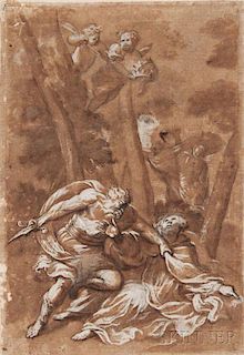 Attributed to Bartolomeo Guidobono (Italian, 1654-1709), Martyrdom of an Early Saint with Cherubs Above Holding Three Crowns 