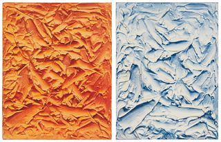 Sachin Kaeley (b. 1982), A pair of abstract paintings, 2013, Acrylic, spray paint, and plaster on artist board, Each: 11.25" H x 8.75" W, 2 pieces