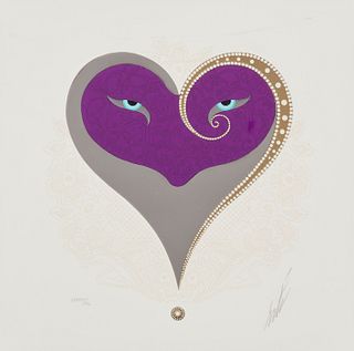 Romain (ErtE) de Tirtoff (1892-1990), "Heart I - Purple" from "The Hearts and Zephyrs Suite," 1985, Embossed screenprint with foil stamping in colors 