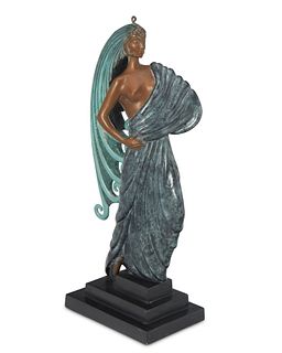 Romain (ErtE) de Tirtoff (1892-1990), "Beauty and the Beast," 1980, Patinated and cold-painted bronze, 16.75" H x 4.5" W x 6.5" D